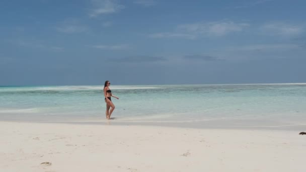 Mujer joven en bikini Camina en una playa vacía del paraíso en la isla en el océano, Mnemba — Vídeos de Stock