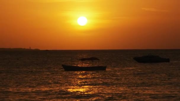 Silhueta de barcos de pesca ancorada ao pôr do sol no Oceano Índico, Zanzibar — Vídeo de Stock