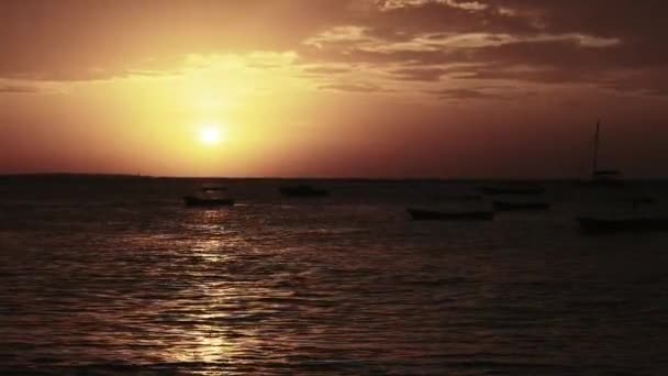 Silhouette di barche da pesca ancorate al tramonto nell'Oceano Indiano, Zanzibar — Video Stock