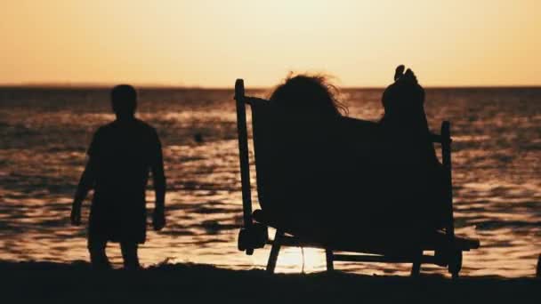 Silhouette de femme allongée sur une chaise longue regardant le coucher du soleil par l'océan, Zanzibar — Video