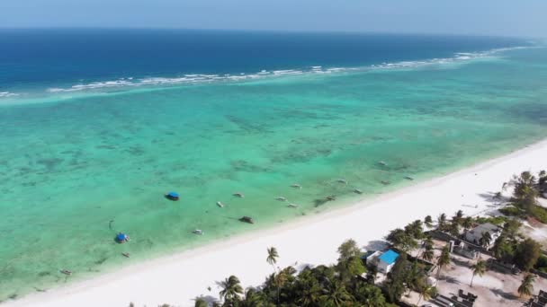 Ocean Coastline, Barriärrev vid stranden Hotell vid Low Tide, Zanzibar, Flygfoto — Stockvideo