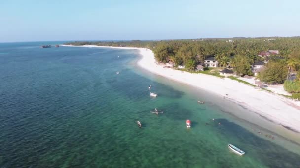 Flygfoto Tropisk kustlinje, Exotiska hotell och palmer med Ocean, Zanzibar — Stockvideo