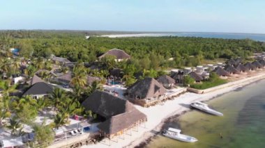 Paradise Coast Resort with Palm Trees and Hotels by Ocean, Zanzibar, Aerial view