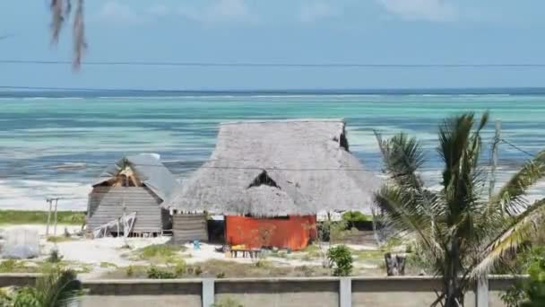 Африканский традиционный дом с тэтчеванной крышей на пляже при низком приливе. Занзибар — стоковое видео
