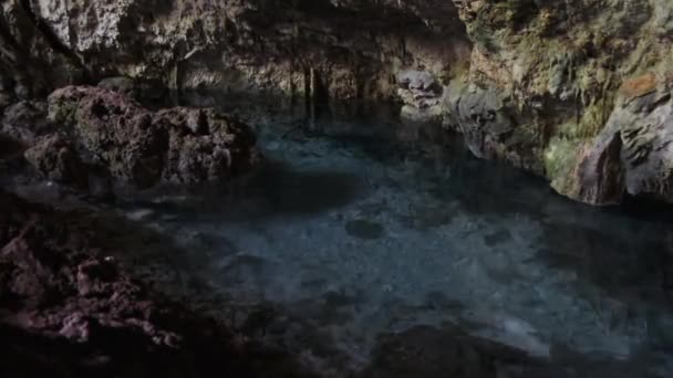 Grotta con acqua dolce, Grotta del fiume sotterraneo sotto le scogliere, Zanzibar, Grotta di Kuza — Video Stock