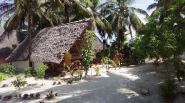 Uzun Palmiye Ağaçları ve Thatched Bungalovları olan Afrika Oteli, Zanzibar