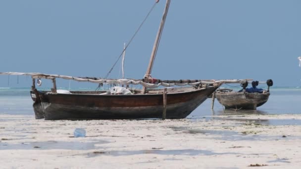 Tradiční africký dřevěný člun uvízlý v písku na pláži při odlivu, Zanzibar — Stock video