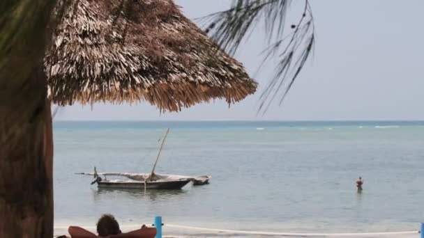 Затаившиеся зонтики на песчаном пляже у океана при низком приливе, Занзибар, Африка — стоковое видео