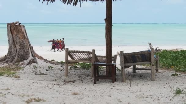 Tropical Deck Chairs Under Beach Ομπρέλα στη αμμώδη ακτή από τον ωκεανό, Ζανζιβάρη — Αρχείο Βίντεο