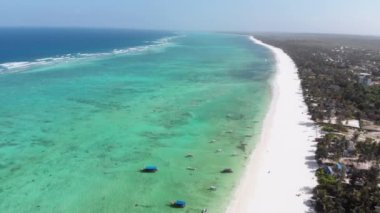 Ocean Coastline, Barrier Reef by Beach Hotels Low Tide, Zanzibar, Aerial View