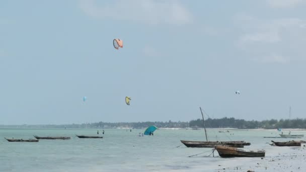 Kitesurfen op het tropische strand van Paje, Zanzibar — Stockvideo