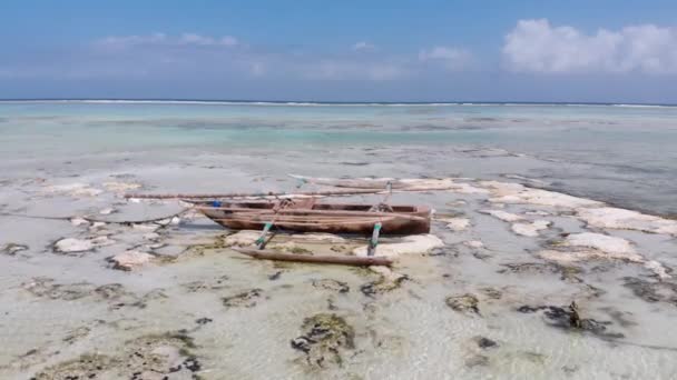 Ocean at Low Tide, Uitzicht op de lucht, Zanzibar, Boten vast in het zand op de ondiepten — Stockvideo