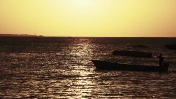 Silhueta de barcos de pesca ancorada ao pôr do sol no Oceano Índico, Zanzibar — Vídeo de Stock