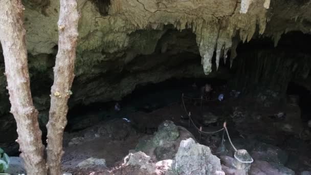 Ludzie w głębokiej jaskini pływać w podziemnej rzece wśród skał i klifów, Zanzibar — Wideo stockowe