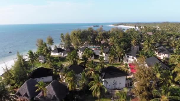 Paradise Coast Resort with Palm Trees and Hotels by Ocean, Zanzibar, Aerial view — 비디오