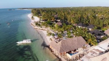 Paradise Coast Resort with Palm Trees and Hotels by Ocean, Zanzibar, Aerial view