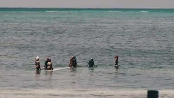 Skupina africké ženy chytání ryb, mořské plody pomocí rybářské sítě v oceánu, Zanzibar — Stock video