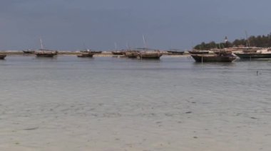 Bir sürü Afrika Tahta Balıkçı Teknesi Sahilde, Dalgalarda, Zanzibar 'da mahsur kaldı.