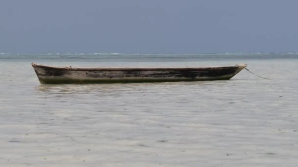 Antiguo bote de remos de pesca seco y africano varado en arena en la playa en la marea baja, Zanzíbar — Vídeo de stock
