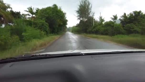 Körning på afrikanska vägar under tropiskt regn, Visa inuti bilen, Zanzibar — Stockvideo