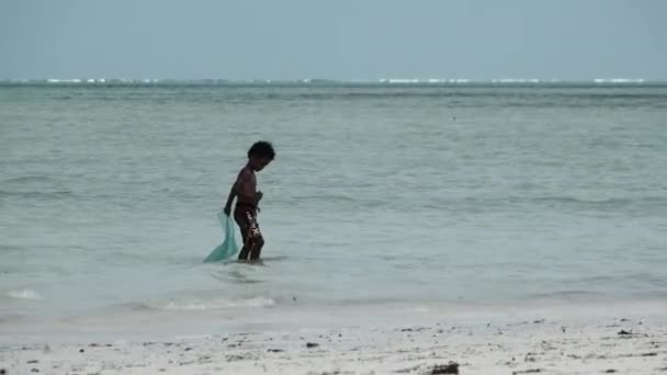 Niño africano local captura peces con palo y red de pesca en aguas poco profundas del océano — Vídeos de Stock