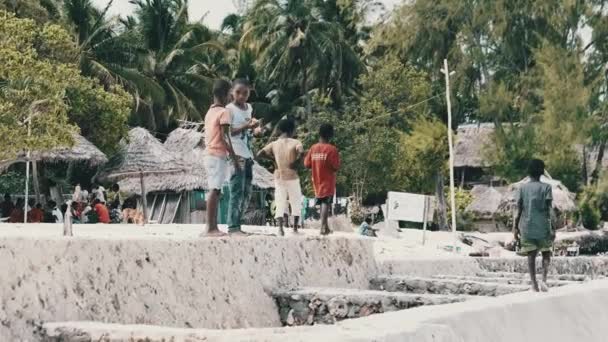 Wypoczynek afrykańskich dzieci na plaży tropikalnej, wielu lokalnych chłopców spaceruje wzdłuż wybrzeża — Wideo stockowe