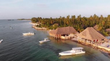 Paradise Beach Resort with Palm Trees and Hotels by Ocean, Zanzibar, Aerial view