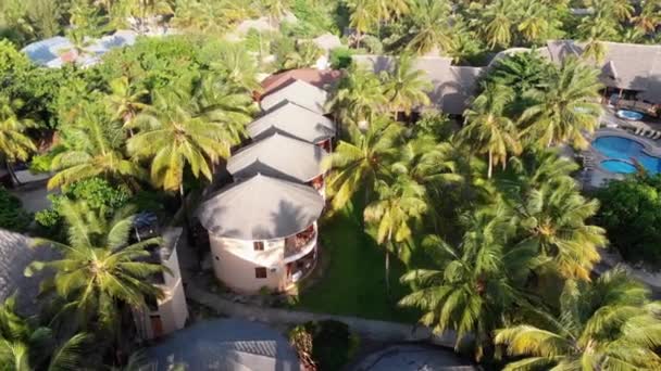 Aerial view African Tropical Beach Resort, Thatched-Roof Hotels, Pools, Zanzibar — 비디오