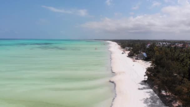 Meeresküste mit Paradise Beach Hotels und Palmen, Sansibar, Luftaufnahme — Stockvideo