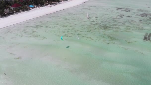 Kitesurfing on Tropical Beach in Turquoise Sea Water, Paje Zanzibar, Aerial View — Stock Video