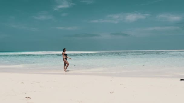 Jovem mulher de biquíni Caminhe em uma praia vazia do paraíso na ilha no oceano, Mnemba — Vídeo de Stock