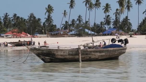 Traditionel afrikansk fiskerbåd strandet i sand på stranden ved lavvande, Zanzibar – Stock-video