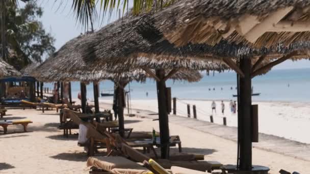 Затхлые зонтики и солнечные зайцы на песчаном пляже возле отеля Ocean by Ocean на Занзибаре — стоковое видео