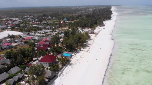 Ocean Coastline com Paradise Beach Hotels e Palmeiras, Zanzibar, Vista aérea — Vídeo de Stock