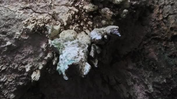 Grotte souterraine avec des formations rocheuses stalactites suspendues au plafond de la grotte de Kuza — Video