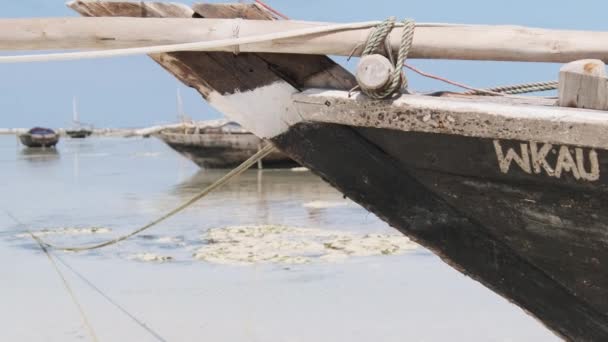 Afrikanska traditionella trä båt Stranded i Sand på stranden vid Low Tide, Zanzibar — Stockvideo