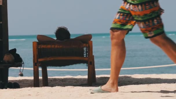 Turista deitado na espreguiçadeira em sombra de guarda-chuva na praia pelo oceano. Zanzibar. — Vídeo de Stock