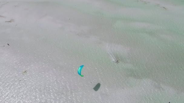 Kitesurfing on Tropical Beach in Turquoise Sea Water, Paje Zanzibar, Aerial View — Stock Video