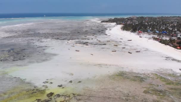 Dlouhý oceán Nízký příliv s holým dnem v mělké vodě, Zanzibar, letecký pohled — Stock video