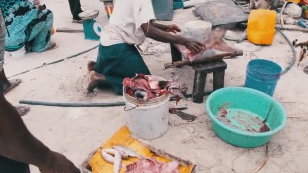 Lokalni rybacy afrykańscy Sprzedaj świeże połowy na targu rybnym przy Ocean Beach, Zanzibar — Wideo stockowe