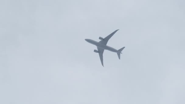 L'avion à passagers vole haut dans le ciel au milieu des nuages, Vue du bas, Nuageux — Video