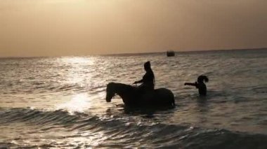 Sunset, Zanzibar 'daki Okyanus Suyu' nda At Üzerindeki Kadınların Silueti