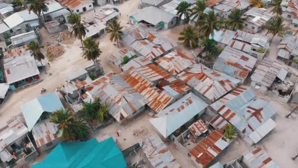 Aerial View African Slums, Dirty House Roofs of Local Village, Zanzibar, Nungwi — стокове відео