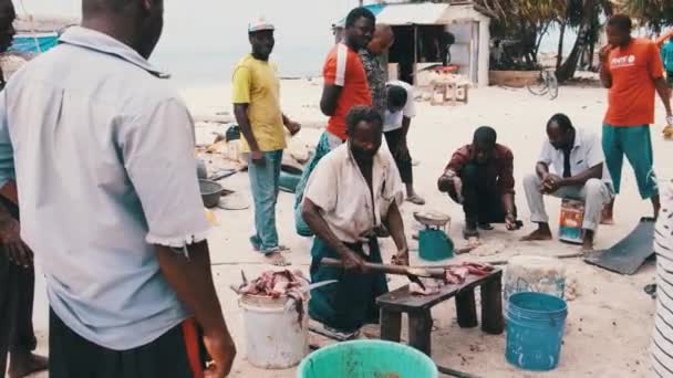 Místní afričtí rybáři prodávají čerstvé úlovky na rybím trhu u Ocean Beach, Zanzibar — Stock video