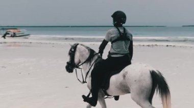 Okyanus kıyısında Tropikal bir plajda ata binen at, Zanzibar