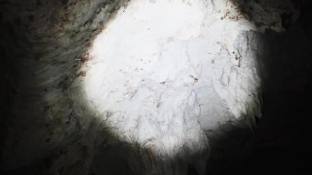 Grotta sotterranea con formazioni rocciose di stalattite appesa al soffitto delle grotte dei gemelli — Video Stock