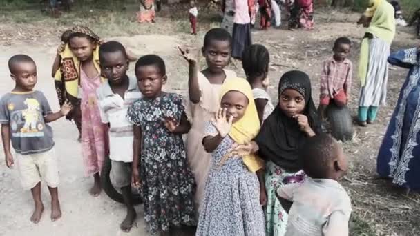 Feliz local africano niños divertido saludando mano y curioso mirando, pueblo de Zanzíbar — Vídeos de Stock