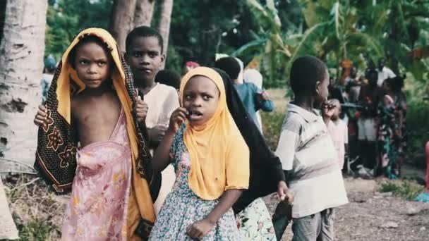 Lokale Afrikaanse kinderen nieuwsgierig op zoek naar Camera in Village, Zanzibar, Afrika — Stockvideo