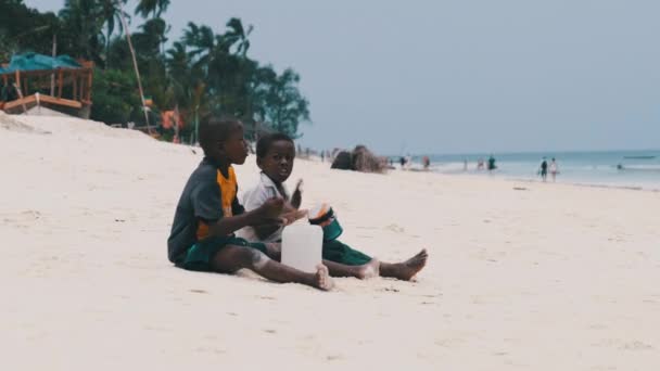 현지의 아프리카 소년 두 명 이 해변에 앉아 즉석에서 만든 병마개를 연주하는 모습, 잔지바르 — 비디오