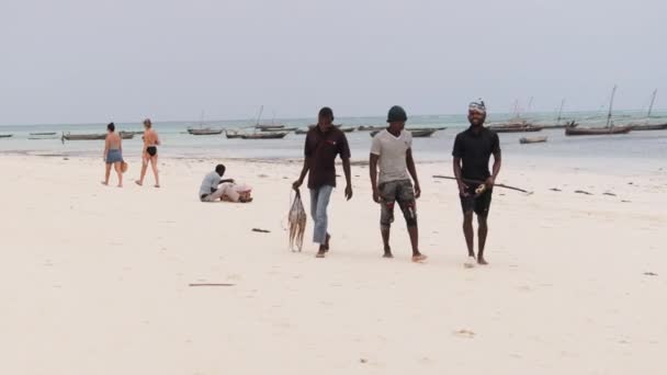 Amigos africanos locales Pescadores Caminar por la playa con la captura de peces Zanzíbar — Vídeos de Stock